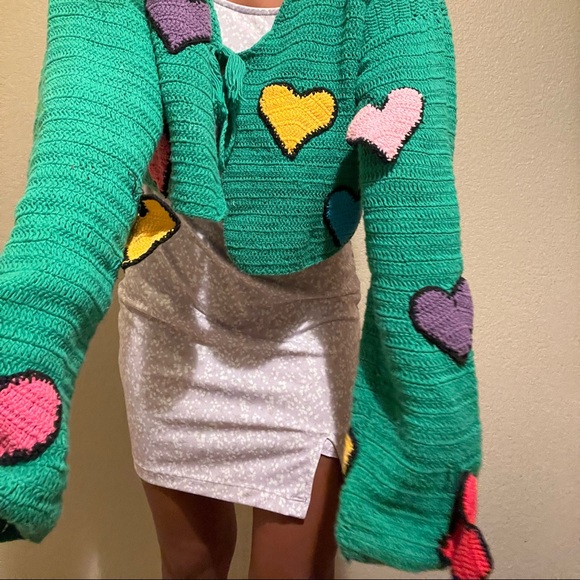 Green shop fluffy heart crochet cardigan size small - Picture 3 of 3